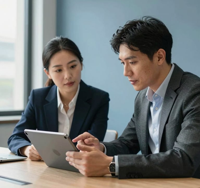Two professional collaborators in a modern North American corporate setting discussing project details on a digital tablet, sitting in a bright, slate-blue themed meeting room with natural daylight.
