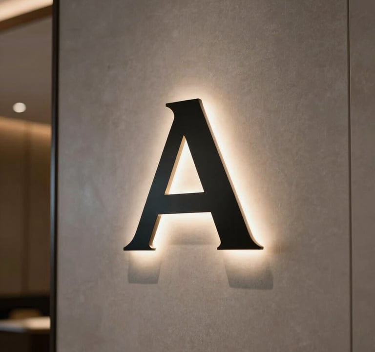 A minimalist corporate logo displayed on a backlit signage wall in a sleek, modern North American hotel lobby.
