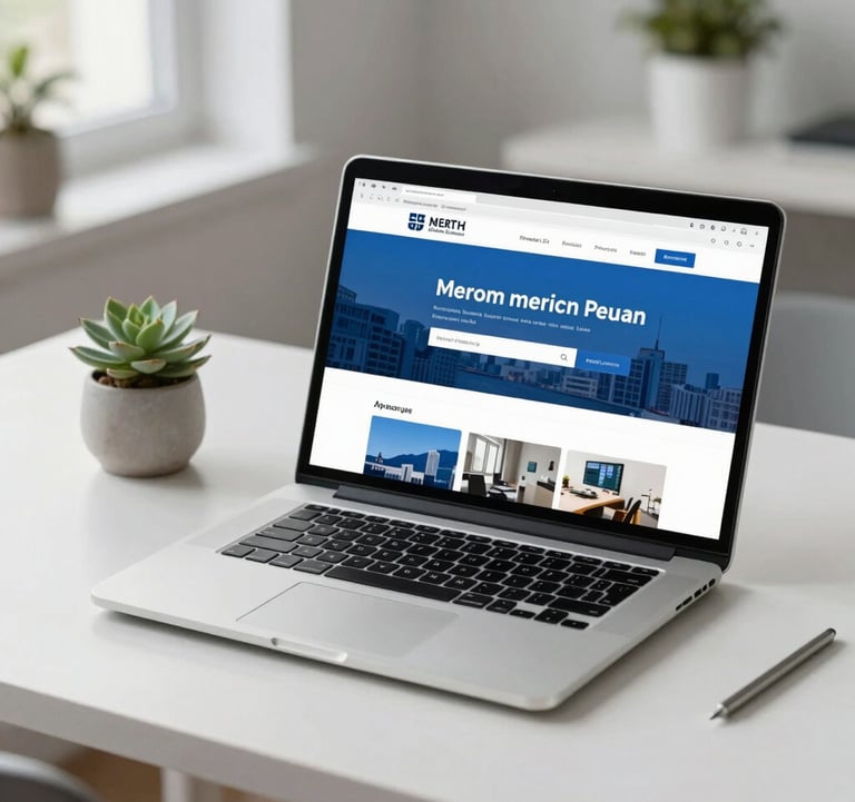 A sleek silver laptop on a minimalist desk displaying a clean, professional corporate website with blue accents, a small succulent plant nearby, bright and modern North American home office atmosphere.