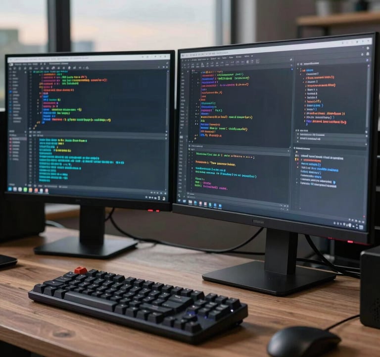 A professional North American developer's workstation featuring three monitors displaying complex source code and a high-end mechanical keyboard, evening lighting.