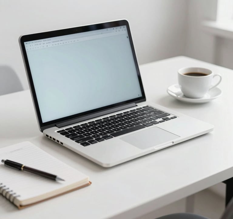 A clean, minimalist workspace in a bright North American office featuring a sleek high-end laptop and a notebook on a white desk, with a soft focus on a coffee cup, in a professional white and light blue color palette.