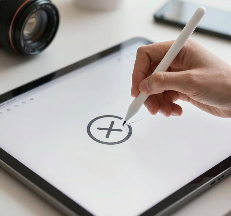 Close-up of a designer's hand using a stylus on a digital tablet, sketching a minimalist logo in a bright, modern North American studio.