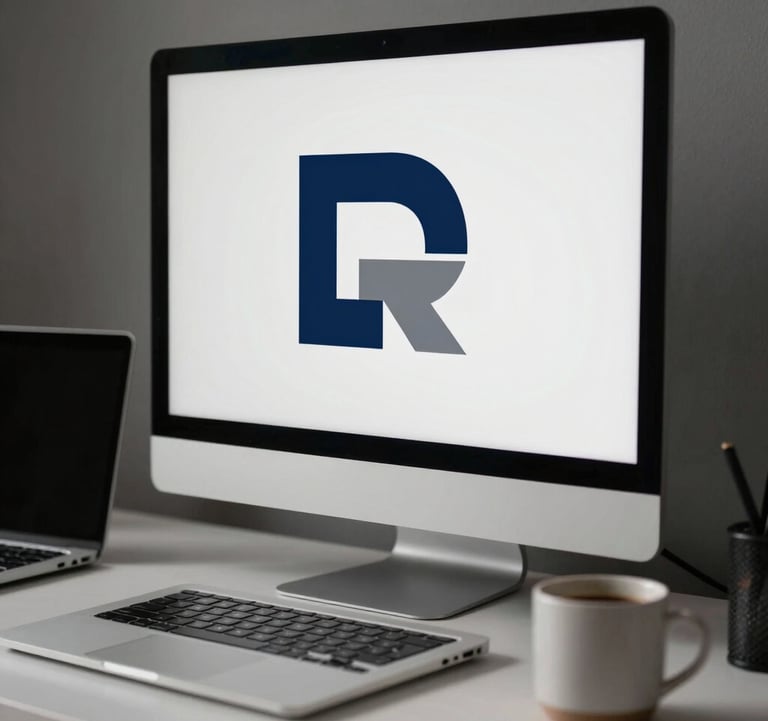 A detailed close-up of a designer's desk in a North American studio. A high-resolution monitor displays a minimalist logo design with navy blue and slate gray geometric shapes. Beside the monitor is a sleek silver laptop and a ceramic coffee mug on a white surface.