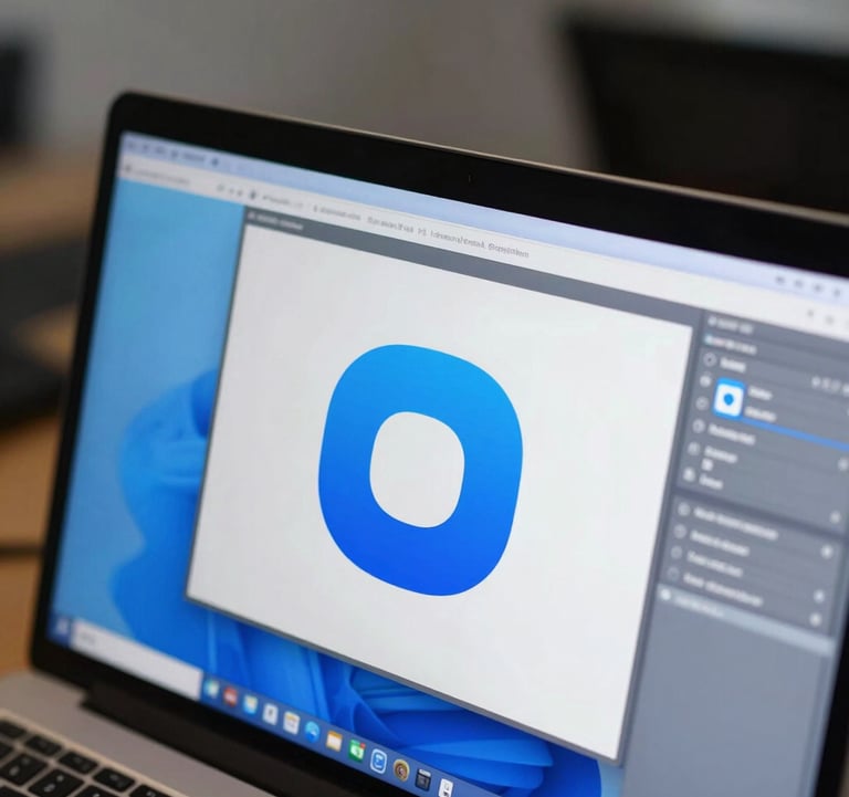 Close-up of a high-resolution computer screen showing a minimalist and modern logo being designed in a professional software interface, vibrant blue and white color palette, professional studio setting in the background.