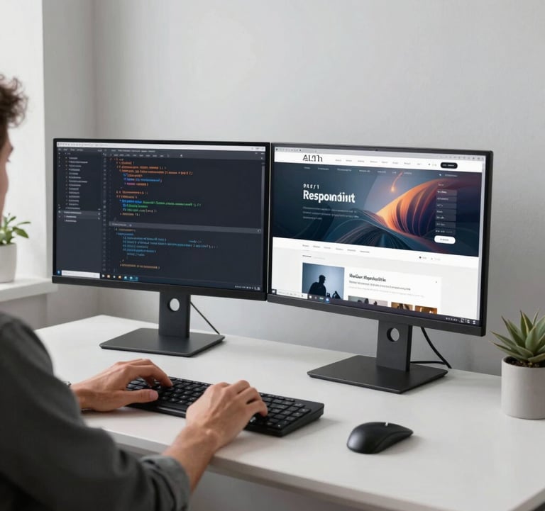 A high-quality photograph of a modern workspace in North America. A developer is working on a dual-monitor setup showing clean code and a responsive website layout. The room is filled with soft natural light and features minimalist decor in shades of white and light gray.