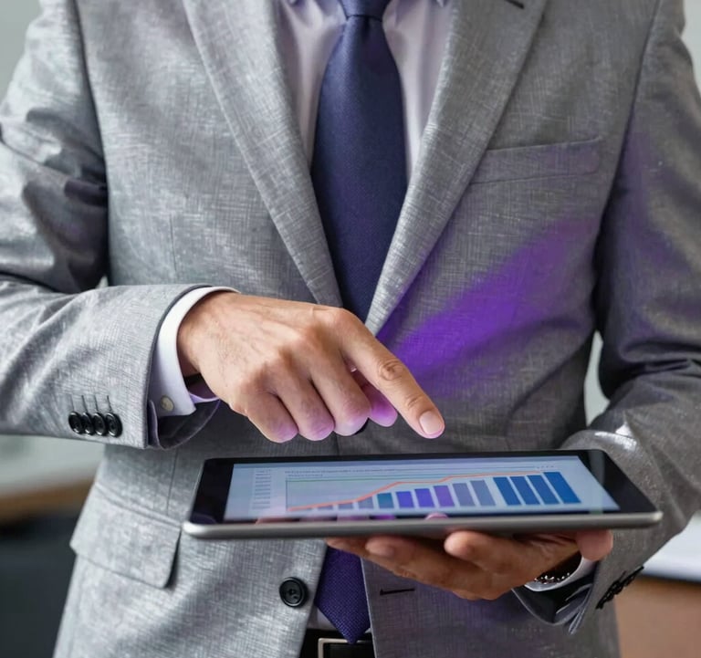 A close-up photograph of a professional banking consultant in a North American / US office, wearing a silver-grey suit, pointing to a sleek tablet displaying financial growth. High-end lighting with deep purple shadows and sharp, silver highlights.
