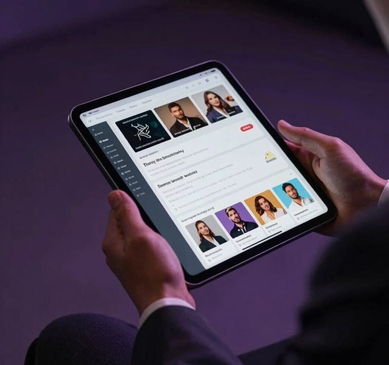 A professional close-up of a person in an expensive suit holding a digital tablet. The tablet shows data visualizations and influencer profiles. Soft, premium lighting with dark purple shadows. North American / US.