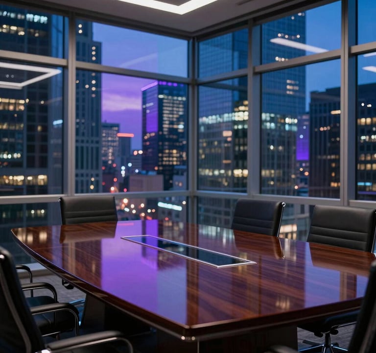 A cinematic shot of a modern, glass-walled conference room in a North American skyscraper at night. Reflections of city lights in shades of purple and blue dance on the polished table. High-trust, elite atmosphere. North American / US.
