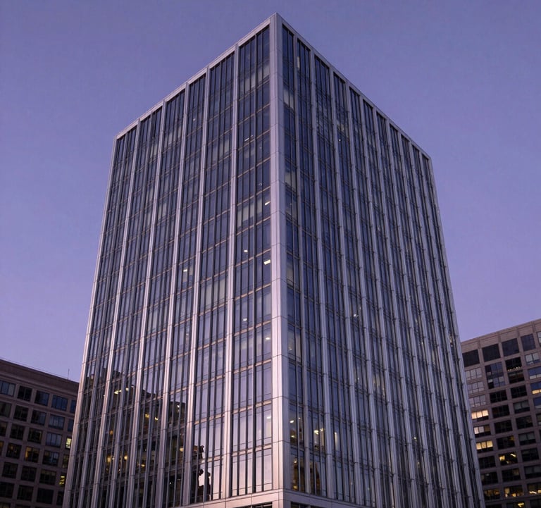 A crisp, professional architectural shot of a modern financial headquarters in a major North American / US city. The building features glass and silver steel under a deep violet evening sky.