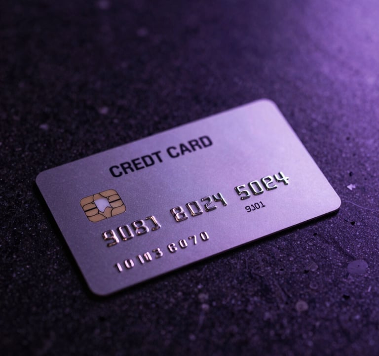 A minimalist, macro shot of a premium metal credit card resting on a dark, polished obsidian surface in a North American / US corporate setting. Subtle violet ambient lighting creates a futuristic fintech aesthetic.