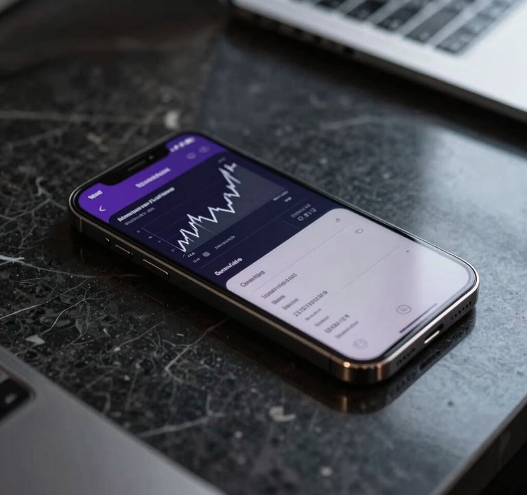 A high-end photography shot of a sleek, dark-toned smartphone on a reflective black marble surface. The screen displays a sophisticated financial dashboard with violet and grey accents. North American / US office setting.