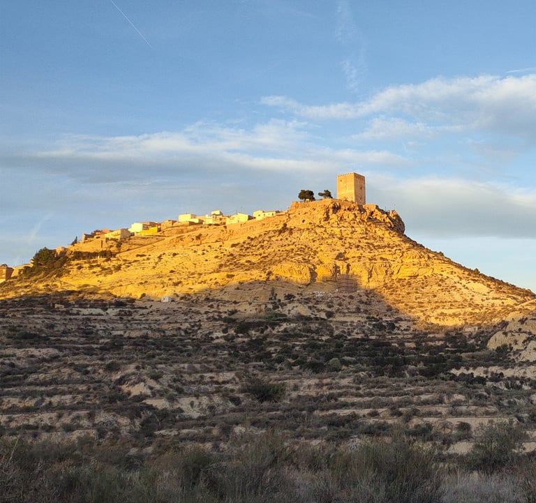 Aledo rises with the tower of its medieval castle on a hill on the north side of the Guadalentín val
