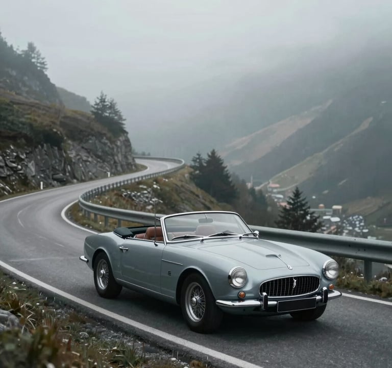 A high-angle shot of a classic convertible driving through a scenic Alpine pass with winding roads. The landscape is misty and elegant. Photography style is cinematic and premium, utilizing #A6A6A8 muted tones.
