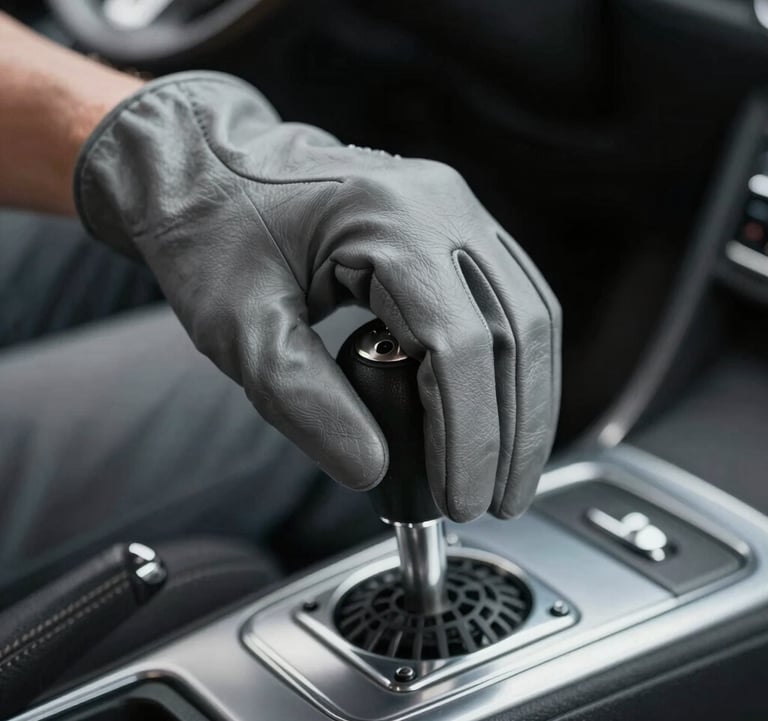 Detail of a driver's hand in a leather driving glove resting on a vintage gear shifter. Elegant, nostalgic, yet modern automotive photography style. Uses #CECECE and #272635.