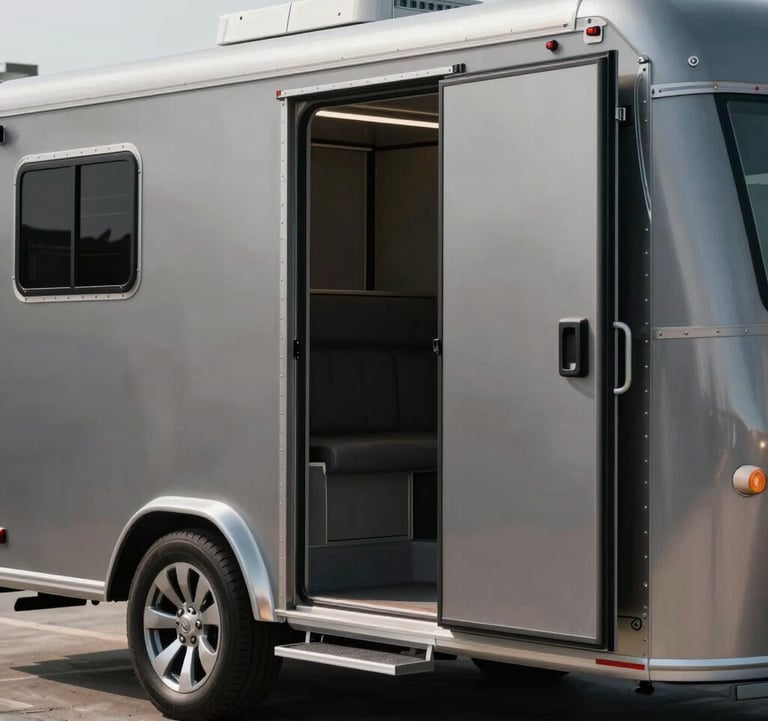 A luxury enclosed car trailer with its door open, revealing a glimpse of a sleek silver fender. High-contrast lighting, emphasizing the metallic textures of #CECECE and #272635.
