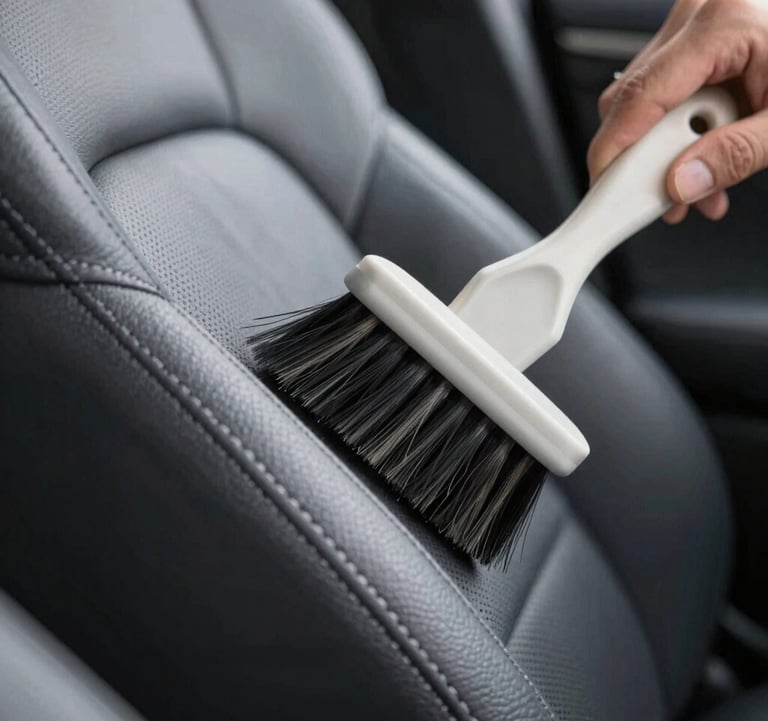 Detailed shot of a professional detailing brush cleaning the stitching of a leather car seat. The lighting is precise, emphasizing textures. Colors reflect #A6A6A8 and #E8E9F3 palette.