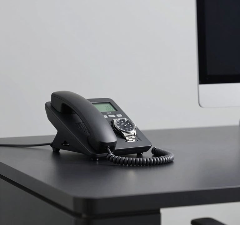 A minimalist office scene with a dark desk featuring a single high-end telephone and a luxury watch, representing premium 24/7 assistance and time management. Color palette: #272635 and #CECECE.