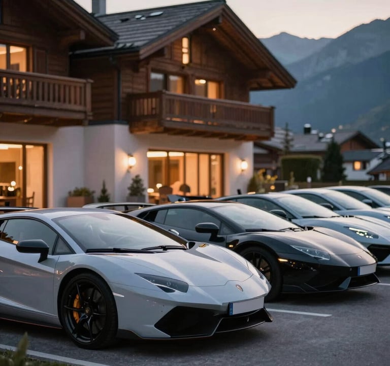 A row of modern supercars parked outside a luxurious Alpine chalet at twilight. The warm interior lights of the chalet reflect on the polished car bodies. Refined luxury lifestyle scene, incorporating #CECECE and #272635.