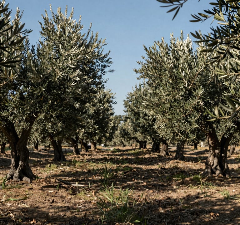 A peaceful walk through an ancient Southern European olive grove. The sunlight filters through the silvery leaves, light blue sky above, soft shadows of charcoal on the ground. Professional nature photography.
