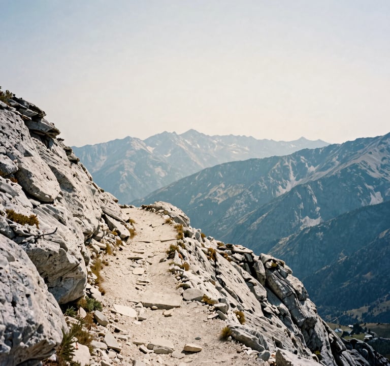 High-altitude photography of a hiking trail winding through limestone mountains in Southern Europe. Muted blue mountains in the distance, clear off-white sky, adventurous atmosphere.
