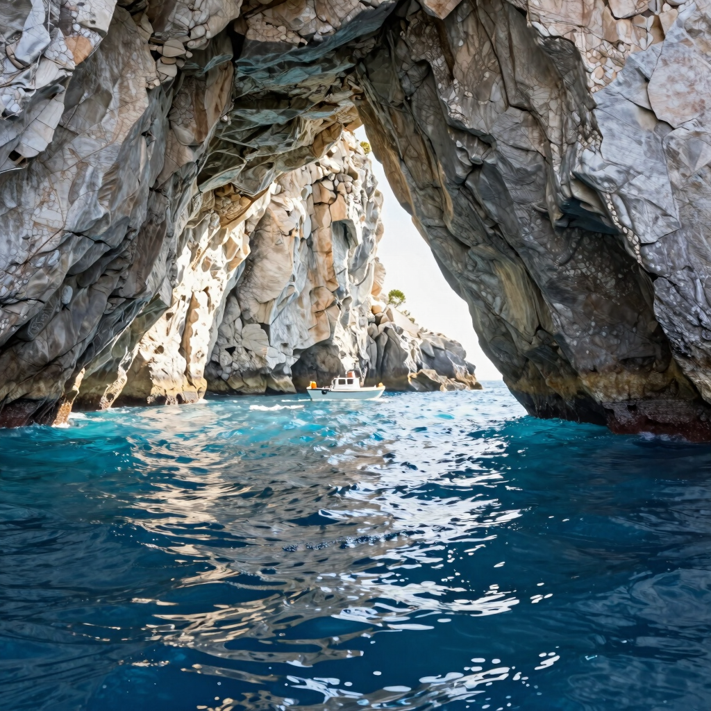 Action photography of a boat trip inside a sea cave in Southern Europe. Crystalline light blue water reflecting on the rock walls. Dynamic composition, serene exploration vibe, off-white sunlight filtering through the opening.