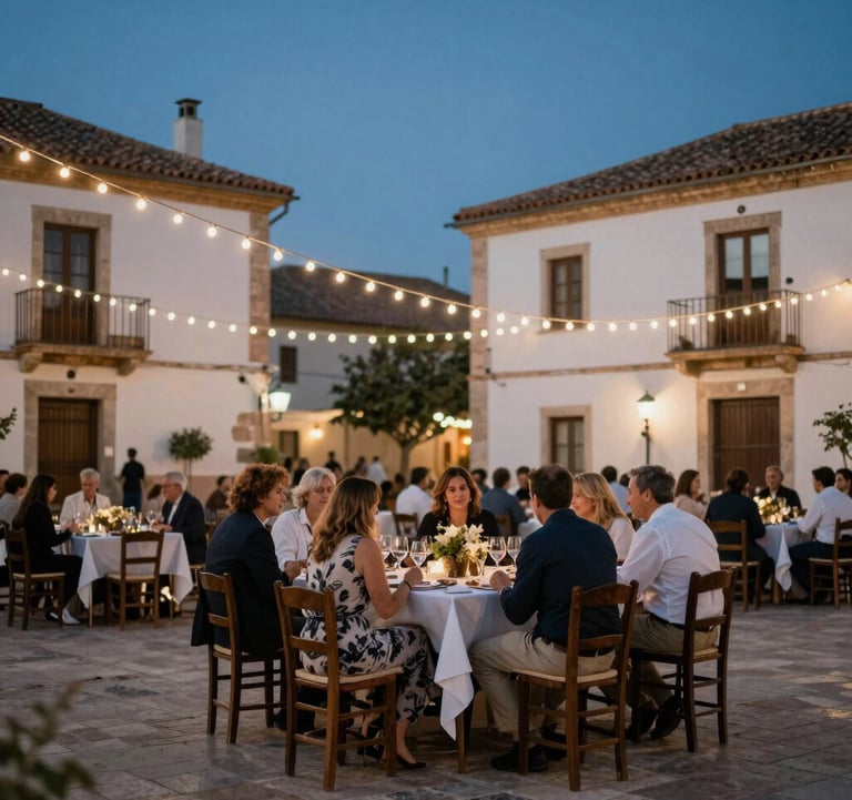 Candid shot of people enjoying an outdoor dinner in a Southern European village square at dusk. String lights glowing in off-white, muted blue shadows, festive and sophisticated atmosphere.