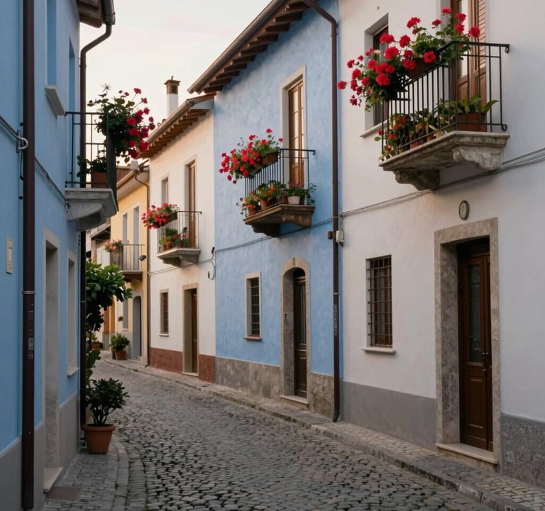A narrow cobblestone street in an Italian village, colorful walls in muted blue and off-white, vibrant flowers on balconies, soft afternoon sunlight.