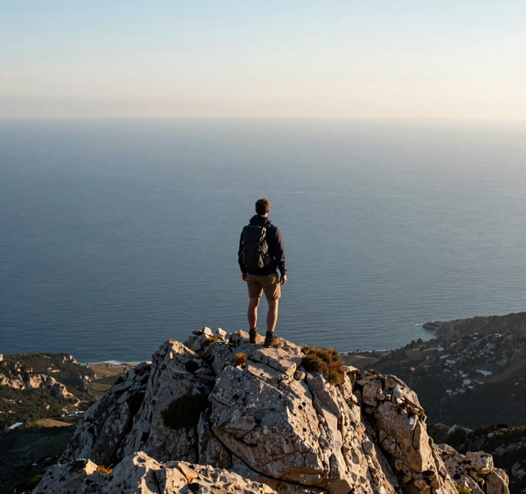 A hiker standing on a peak overlooking a vast blue sea under a clear off-white morning sky. Professional composition showing sense of scale and exploration. Southern European landscape.