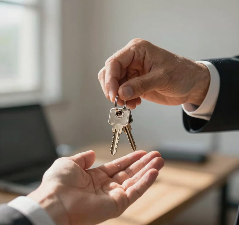A close-up photograph of a professional handing over a set of modern keys to a client, captured in a sunlit interior space. The focus is on the human connection and the successful deal-making interaction.
