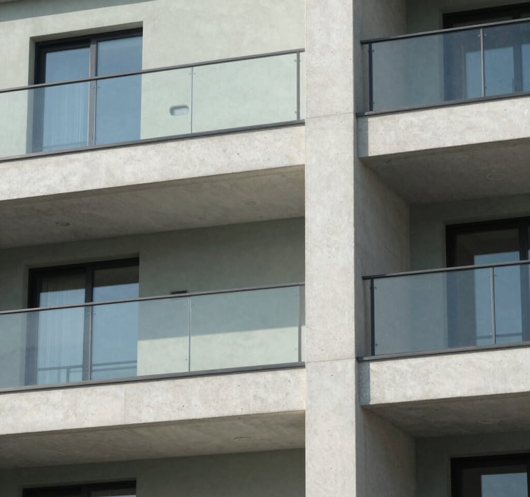 A detailed shot of modern architectural details on a residential building, showing clean concrete lines and glass, with a Soft Sage accent wall in the background under clear International daylight.