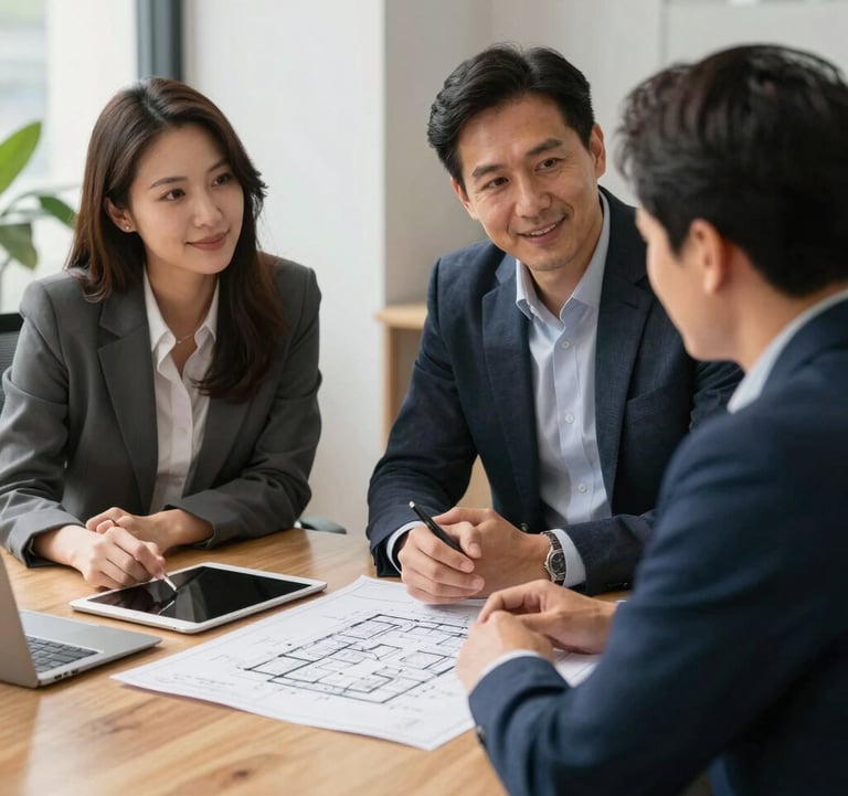 A medium shot of two professionals in an international office setting engaged in a warm client consultation, with architectural blueprints and a tablet on a clean wooden desk. Natural light highlights the collaborative and trustworthy mood.
