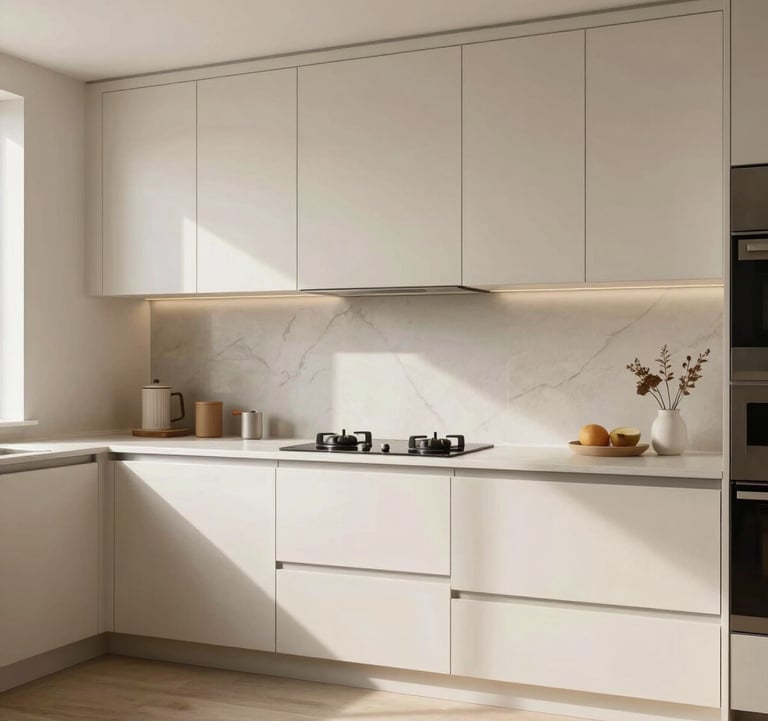 An interior shot of a thoughtfully designed modern kitchen with Crisp Parchment cabinetry and minimalist hardware. Soft morning light creates a warm and inviting residential atmosphere, International style.