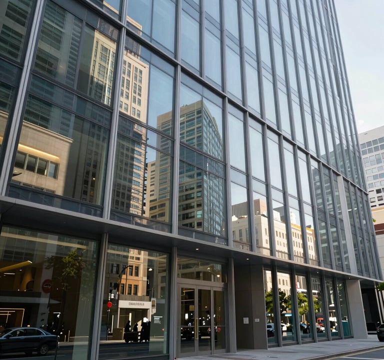 A crisp, bright photograph of a modern commercial office building with a glass facade, reflecting an International metropolitan street. The lighting is professional and clear, emphasizing stability and success.