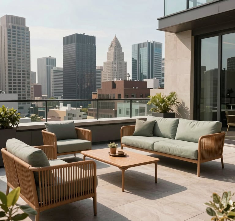 A sunlit rooftop patio of a modern penthouse overlooking an International city. The space is styled with high-quality outdoor furniture in Warm Tan and Soft Sage tones.