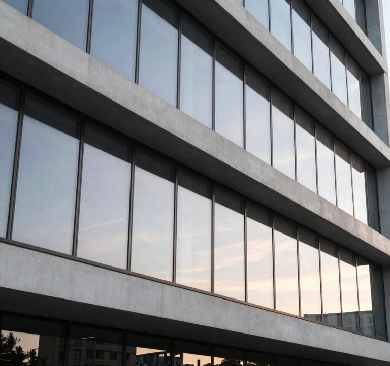 A wide photography shot of a sleek, modern architectural building detail featuring clean lines and large glass panels reflecting a soft sunset. The style is contemporary and reflects international design standards.