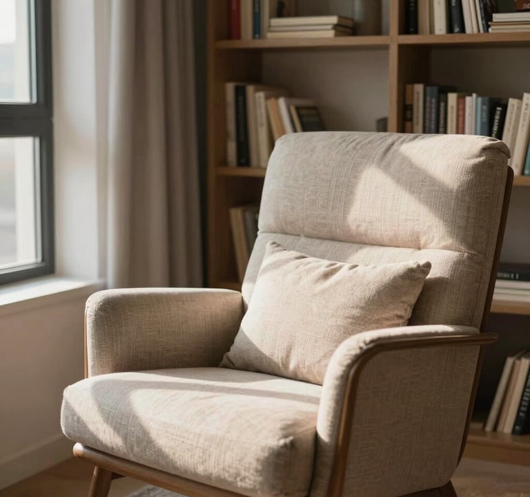 A cozy, sun-drenched reading nook in a modern home, featuring a comfortable armchair and a bookshelf. The lighting is soft and human, creating an approachable and warm mood.