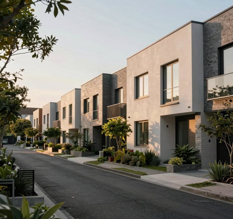 A beautiful residential street view of contemporary townhouses with modern architectural features and greenery, under a soft morning sun in an International neighborhood.