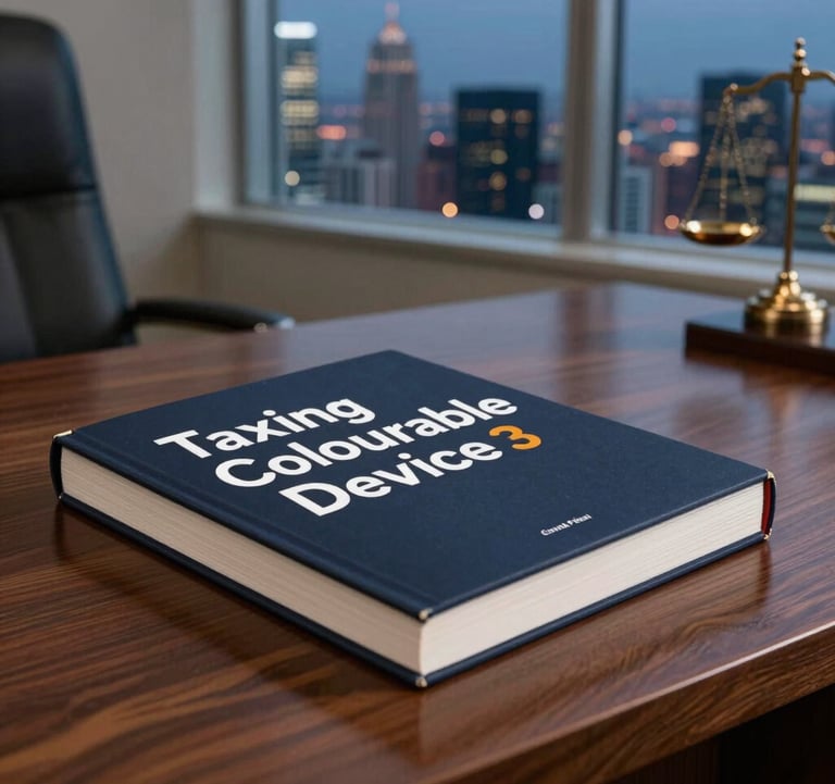 An editorial close-up shot of the book 'Taxing Colourable Device' placed on a high-gloss mahogany desk in a premium South Asian law office. In the background, a blurred window shows the financial district skyline at dusk under deep navy skies.