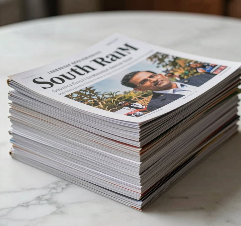 Professional studio photography of a stack of leading South Asian financial journals and legal reviews on a white marble surface with soft natural lighting.