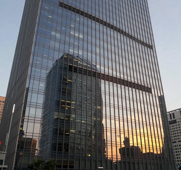 A focused shot of a modern glass skyscraper reflecting a sunset in a South Asian business district, symbolizing contemporary corporate law and high-stakes tax planning.