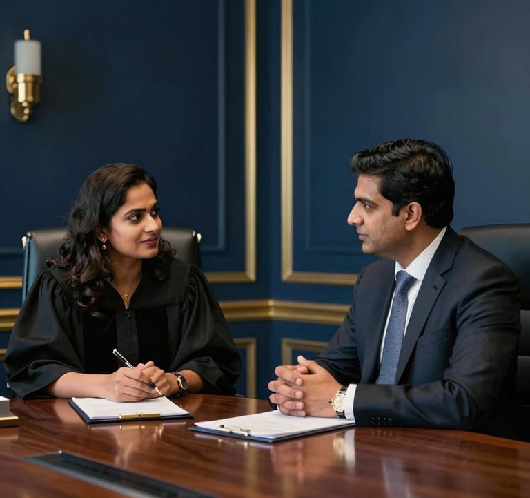A sharp, medium-shot photograph capturing a moment of scholarly exchange between two legal professionals in a sophisticated boardroom. The setting reflects an elite South Asian environment with midnight navy walls and soft metallic gold accents.