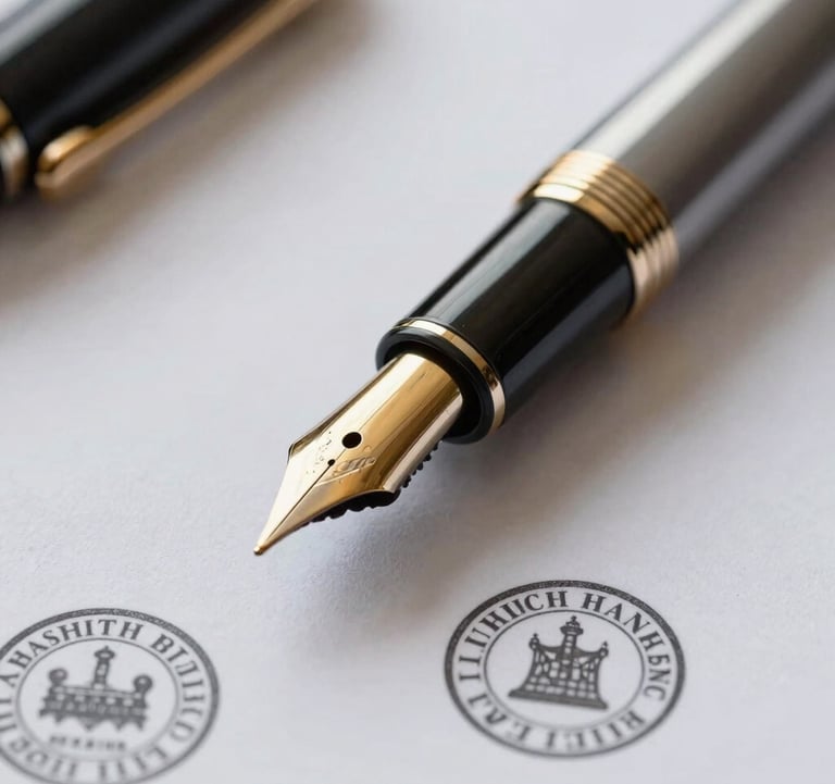 Close-up of a high-end fountain pen with a gold nib resting on a document with official legal seals in a South Asian law office setting.