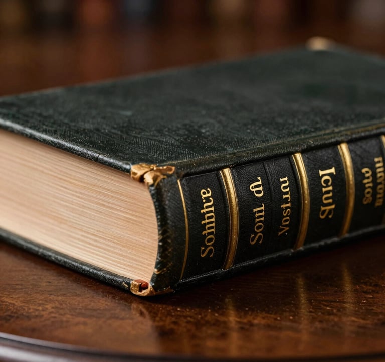 Macro photography of an antique law book's spine with metallic gold lettering, resting on a dark wood desk in a sophisticated South Asian legal library.