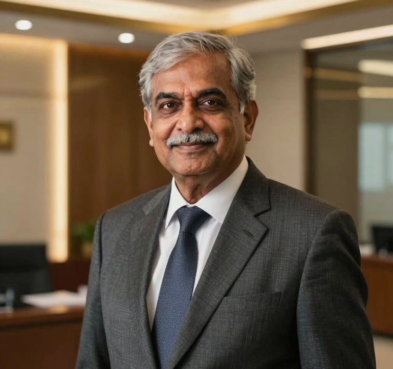 A professional portrait of a senior South Asian Chartered Accountant in a high-end corporate office in Mumbai. Metallic gold accents in the blurred background. Sophisticated lighting, corporate and premium mood.