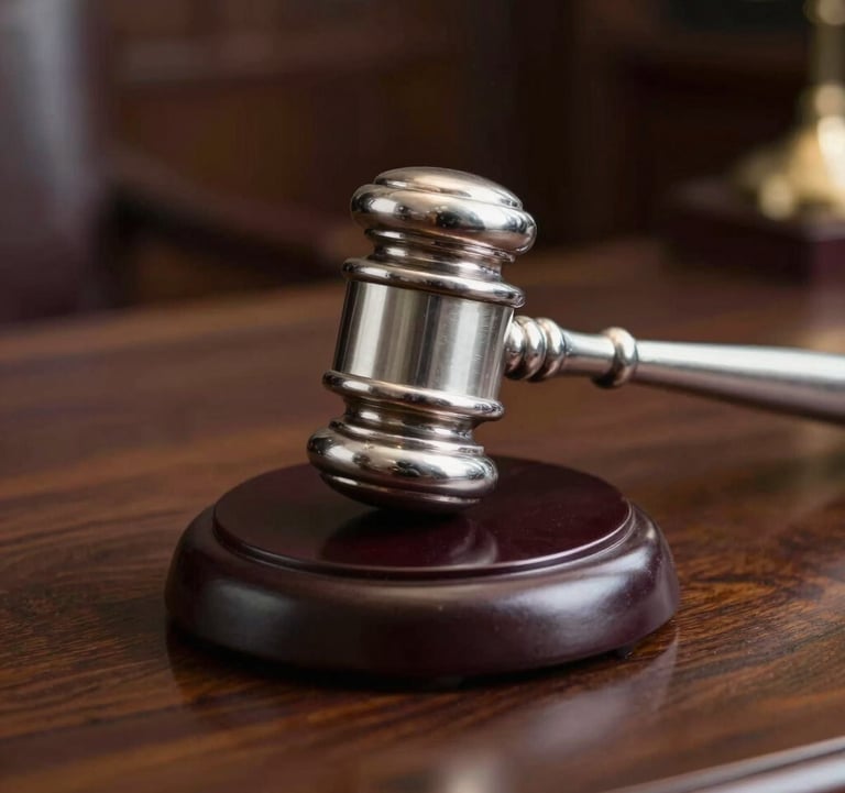 A close-up of a silver Gavel resting on its block on a dark, polished wood table. The scene is set in a prestigious South Asian / Indian courtroom, emphasizing authority and the finality of law. Metallic textures and cool slate lighting.