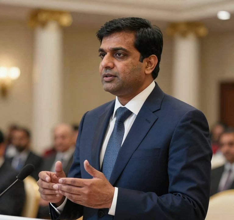 A crisp, professional photograph of a distinguished South Asian legal expert in a sharp navy suit, speaking authoritatively at a high-profile tax seminar. The background is a soft-focus, luxury ballroom with elegant ivory pillars and warm lighting.