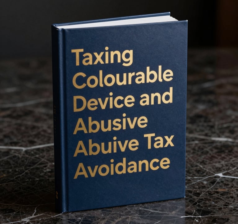 A sophisticated 3D mockup of the book cover 'Taxing Colourable Device and Abusive Tax Avoidance' standing on a dark marble surface. The cover features minimalist gold typography and a metallic navy background.