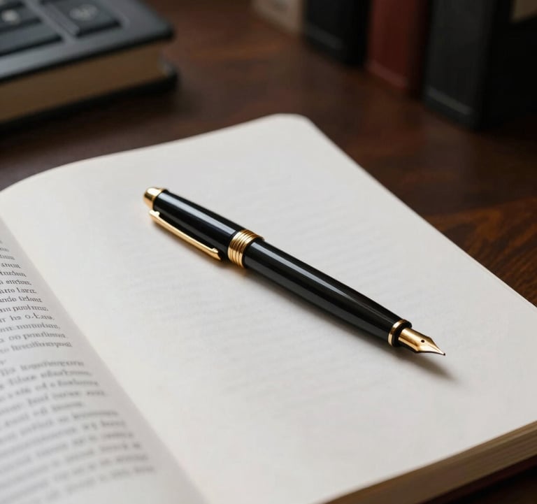 A minimalist, high-contrast shot of a fountain pen resting on an open page of a legal document. The lighting is focused and warm, with gold accents on the pen and a professional South Asian / Indian office setting in the background.