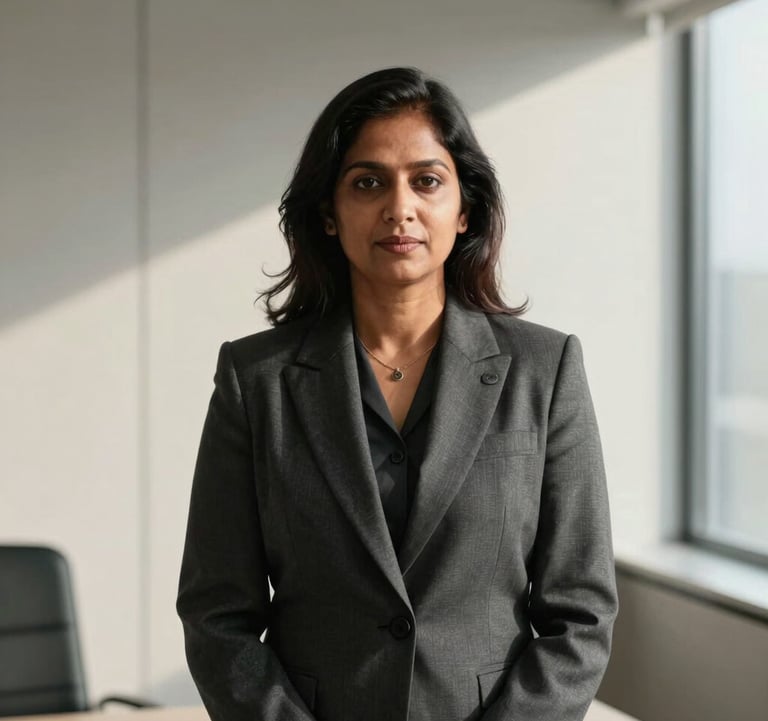 A professional portrait of a sophisticated South Asian female senior advocate in a minimalist modern law office. She wears a professional charcoal blazer. Soft morning light from a window, clean ivory and slate gray background.