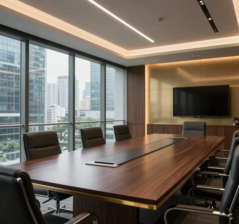 Elegant wide shot of a contemporary law firm boardroom in a South Asian city, featuring glass walls, a long dark wood table, and soft metallic gold accents.